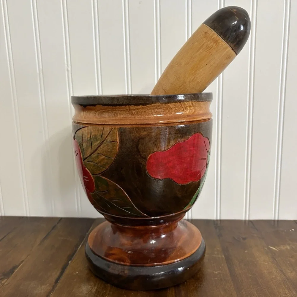 Vtg Hand Carved Wood Pilón Mortar & Pestle Set Curaçao Floral Folk Art Travel